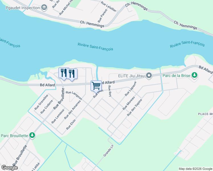 map of restaurants, bars, coffee shops, grocery stores, and more near 4551 Boulevard Allard in Drummondville