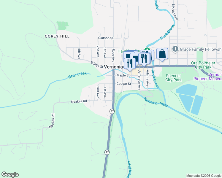 map of restaurants, bars, coffee shops, grocery stores, and more near 513 Rose Avenue in Vernonia
