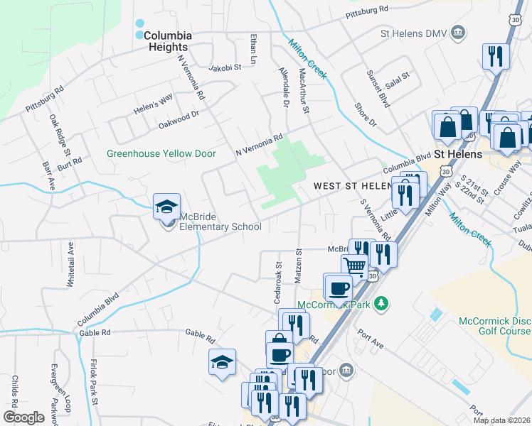 map of restaurants, bars, coffee shops, grocery stores, and more near 2672 Columbia Boulevard in St. Helens