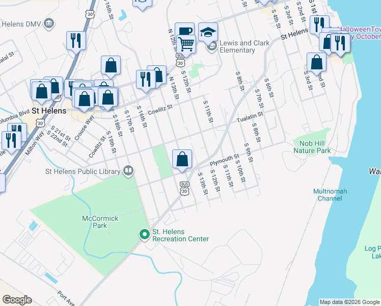 map of restaurants, bars, coffee shops, grocery stores, and more near 355 S 13th St in St Helens
