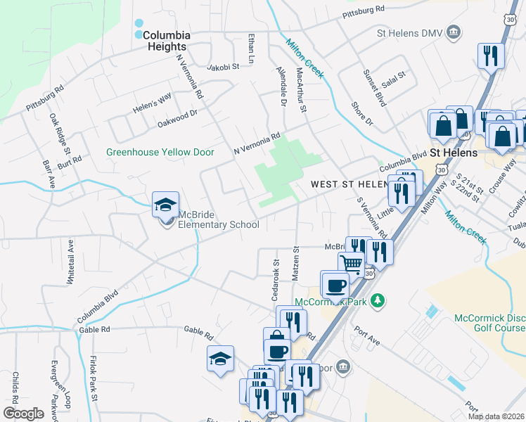 map of restaurants, bars, coffee shops, grocery stores, and more near 2672 Columbia Boulevard in St. Helens