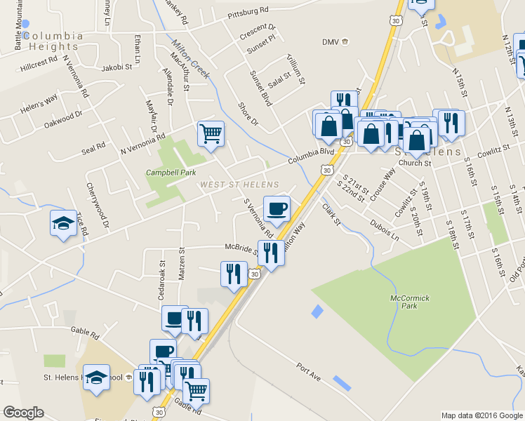 map of restaurants, bars, coffee shops, grocery stores, and more near 115 Wonderly Dr in St Helens