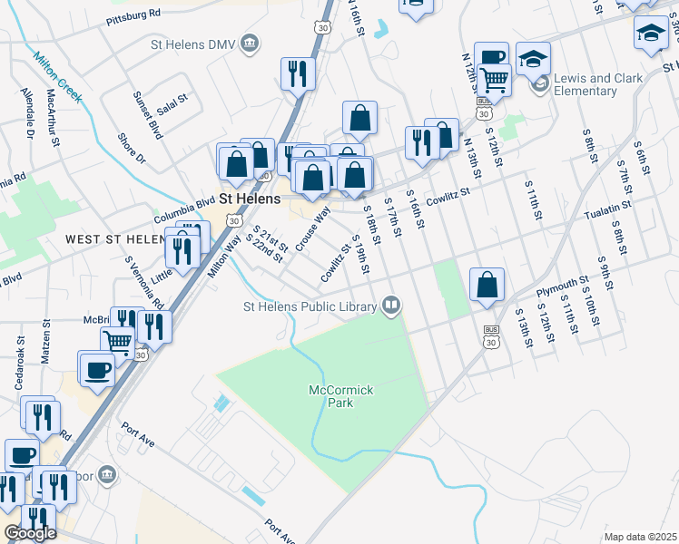 map of restaurants, bars, coffee shops, grocery stores, and more near 245 South 20th Street in St. Helens