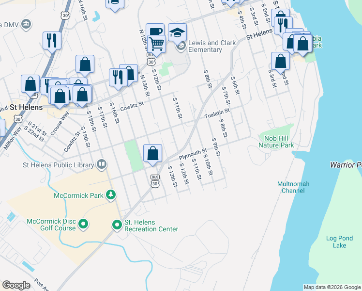 map of restaurants, bars, coffee shops, grocery stores, and more near 375 South 12th Street in St. Helens