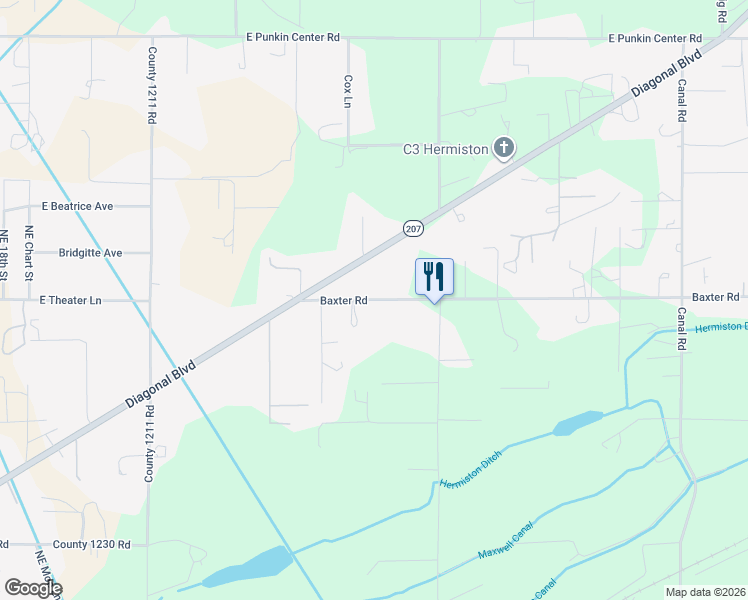 map of restaurants, bars, coffee shops, grocery stores, and more near 32182 Baxter Road in Hermiston
