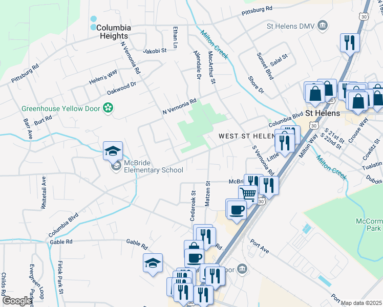 map of restaurants, bars, coffee shops, grocery stores, and more near 2646 Columbia Boulevard in St. Helens