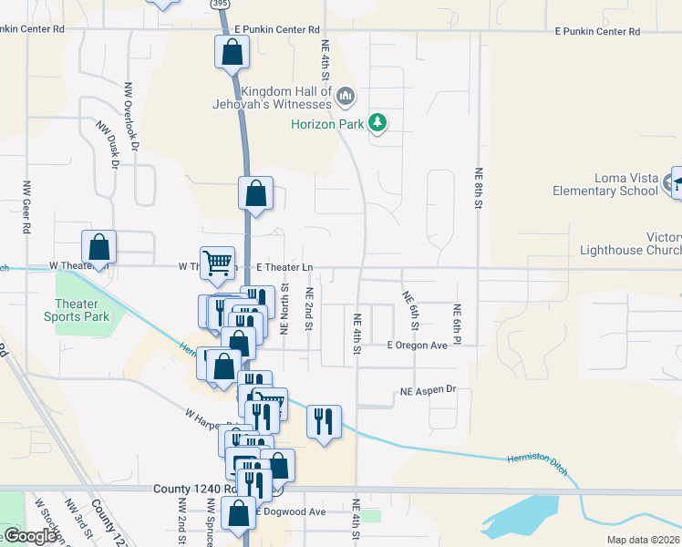 map of restaurants, bars, coffee shops, grocery stores, and more near 310 East Theater Lane in Hermiston