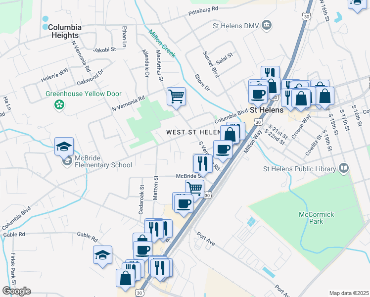 map of restaurants, bars, coffee shops, grocery stores, and more near 2545 Columbia Boulevard in St. Helens