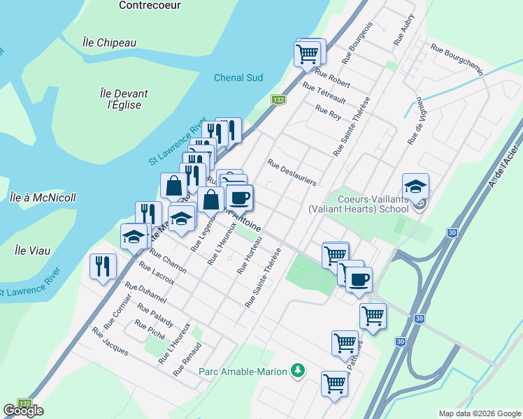map of restaurants, bars, coffee shops, grocery stores, and more near 688 Rue Papin in Contrecoeur