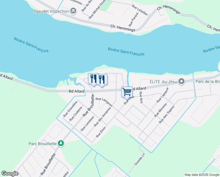 map of restaurants, bars, coffee shops, grocery stores, and more near 4532 Boulevard Allard in Drummondville