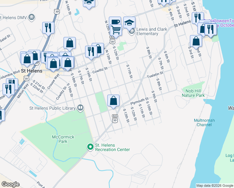 map of restaurants, bars, coffee shops, grocery stores, and more near 355 South 13th Street in St. Helens