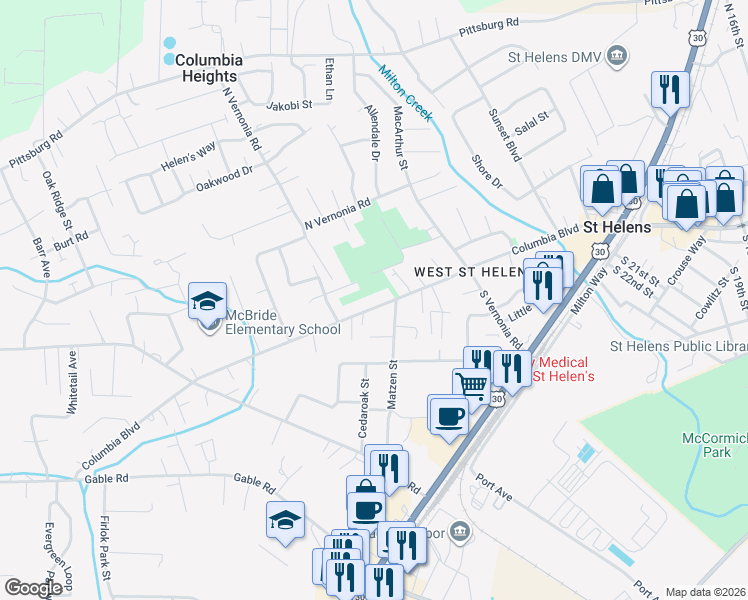 map of restaurants, bars, coffee shops, grocery stores, and more near 2646 Columbia Boulevard in St. Helens