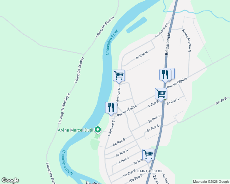 map of restaurants, bars, coffee shops, grocery stores, and more near 163 1e Avenue Nord in Saint-Gédéon-de-Beauce