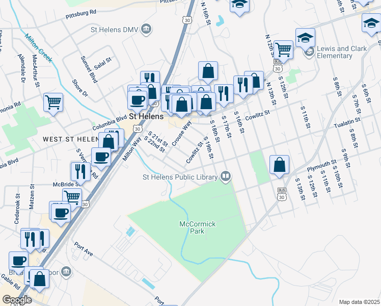 map of restaurants, bars, coffee shops, grocery stores, and more near 245 South 20th Street in St. Helens