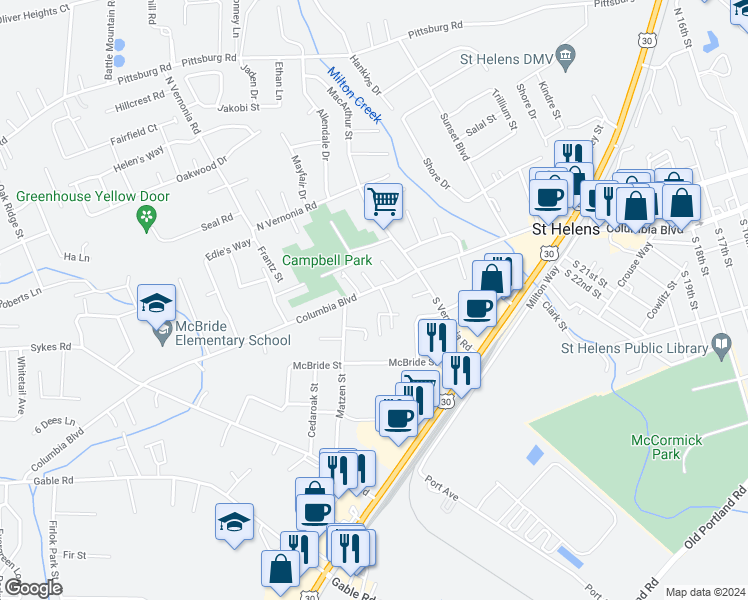 map of restaurants, bars, coffee shops, grocery stores, and more near 2555 Columbia Boulevard in Saint Helens