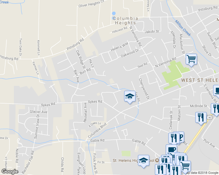 map of restaurants, bars, coffee shops, grocery stores, and more near 35244 Juniper Drive in Saint Helens