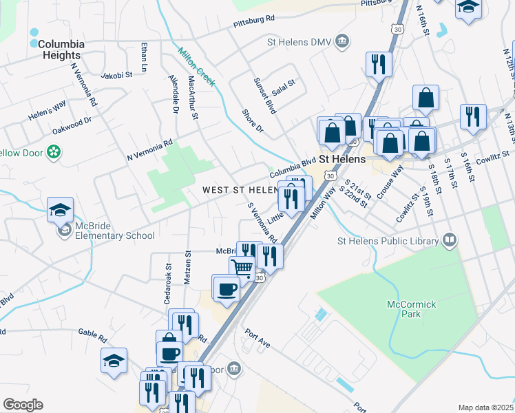 map of restaurants, bars, coffee shops, grocery stores, and more near 115 Wonderly Drive in St. Helens
