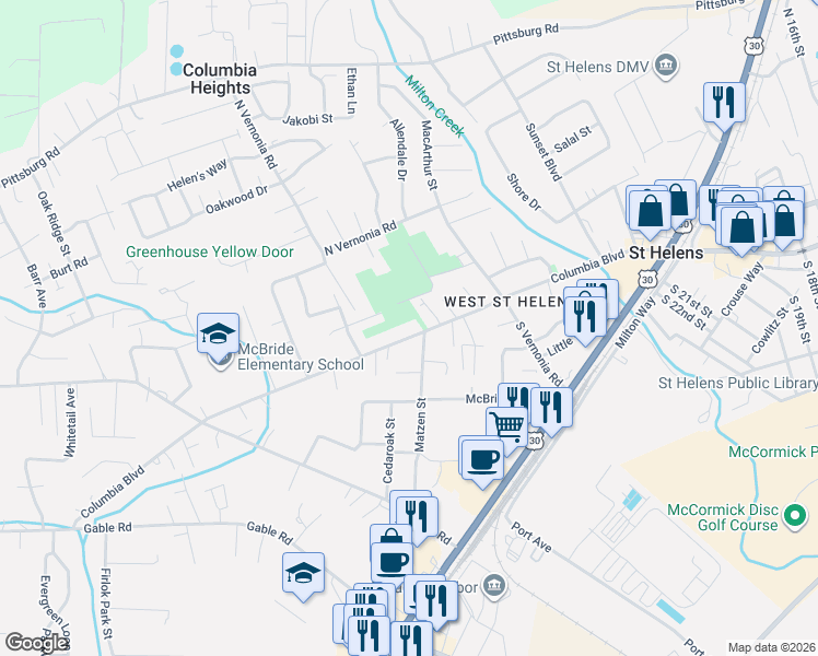 map of restaurants, bars, coffee shops, grocery stores, and more near 2646 Columbia Boulevard in St. Helens