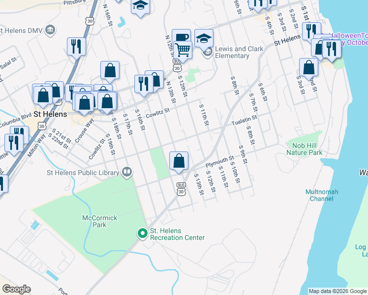 map of restaurants, bars, coffee shops, grocery stores, and more near 355 South 13th Street in St. Helens