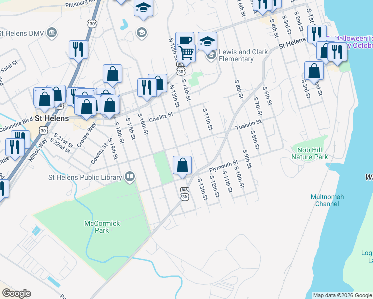 map of restaurants, bars, coffee shops, grocery stores, and more near 355 South 13th Street in St. Helens