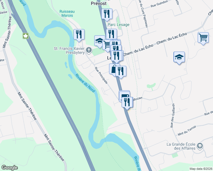 map of restaurants, bars, coffee shops, grocery stores, and more near 921 Rue Principale in Prévost