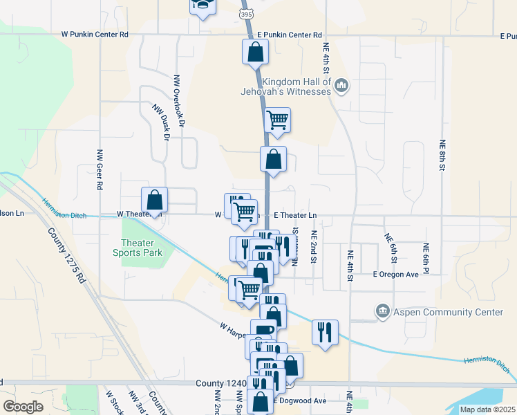 map of restaurants, bars, coffee shops, grocery stores, and more near 1905 North 1st Street in Hermiston