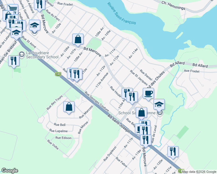 map of restaurants, bars, coffee shops, grocery stores, and more near 2020 Rue Houle in Drummondville
