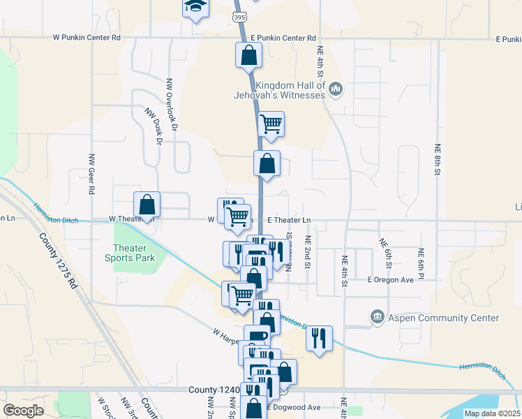 map of restaurants, bars, coffee shops, grocery stores, and more near 1905 North 1st Street in Hermiston