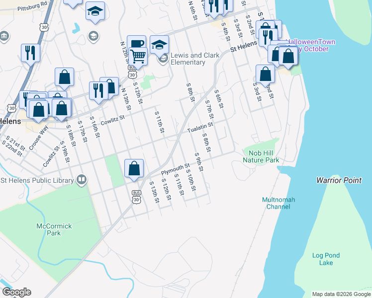 map of restaurants, bars, coffee shops, grocery stores, and more near 377 South 12th Street in St. Helens
