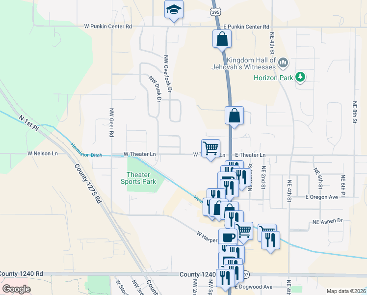 map of restaurants, bars, coffee shops, grocery stores, and more near 1932 Northwest Prickly Pear Drive in Hermiston
