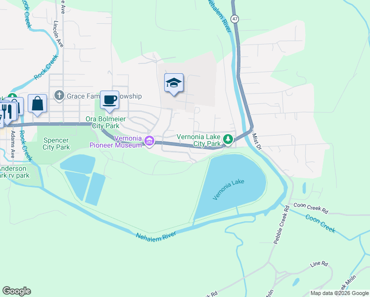 map of restaurants, bars, coffee shops, grocery stores, and more near 654 Nehalem Highway in Vernonia