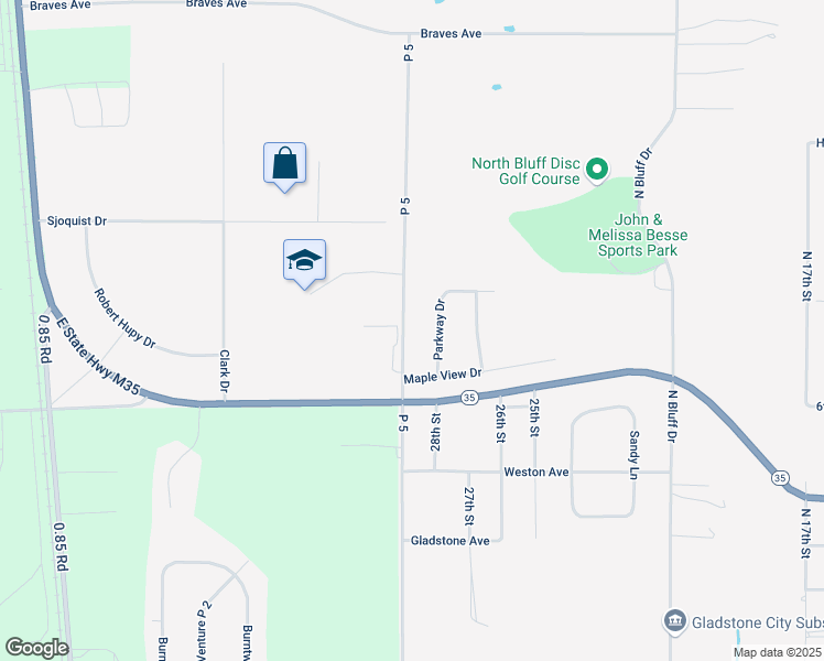 map of restaurants, bars, coffee shops, grocery stores, and more near 803 P 5 in Gladstone