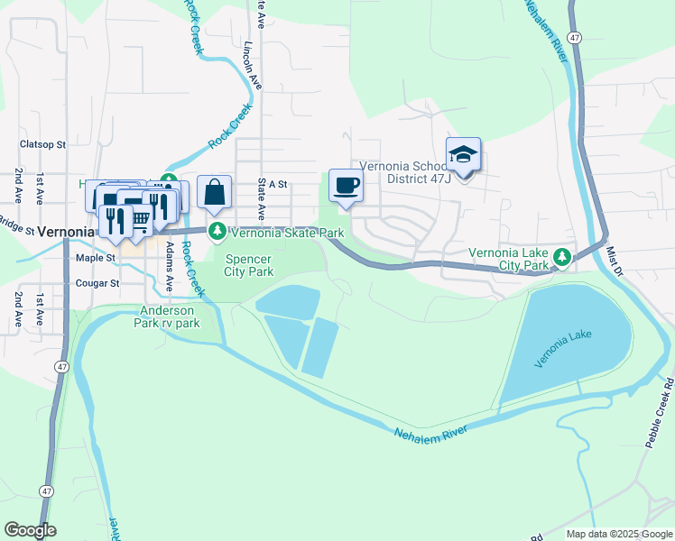 map of restaurants, bars, coffee shops, grocery stores, and more near 500 California Avenue in Vernonia