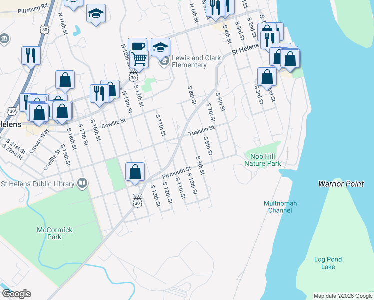 map of restaurants, bars, coffee shops, grocery stores, and more near 377 South 12th Street in St. Helens