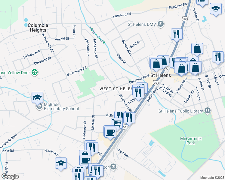 map of restaurants, bars, coffee shops, grocery stores, and more near in St. Helens
