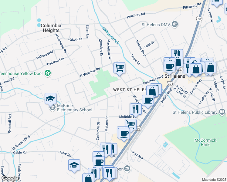 map of restaurants, bars, coffee shops, grocery stores, and more near 112 Mikayla Lane in St. Helens