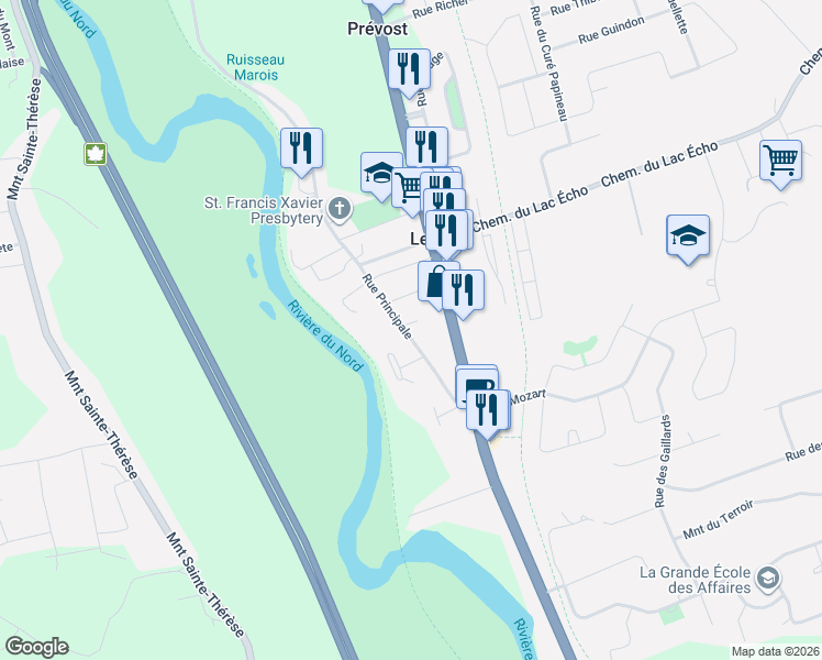 map of restaurants, bars, coffee shops, grocery stores, and more near 934 Rue Principale in Prévost