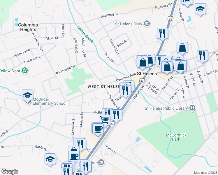 map of restaurants, bars, coffee shops, grocery stores, and more near 2475 Columbia Boulevard in St. Helens