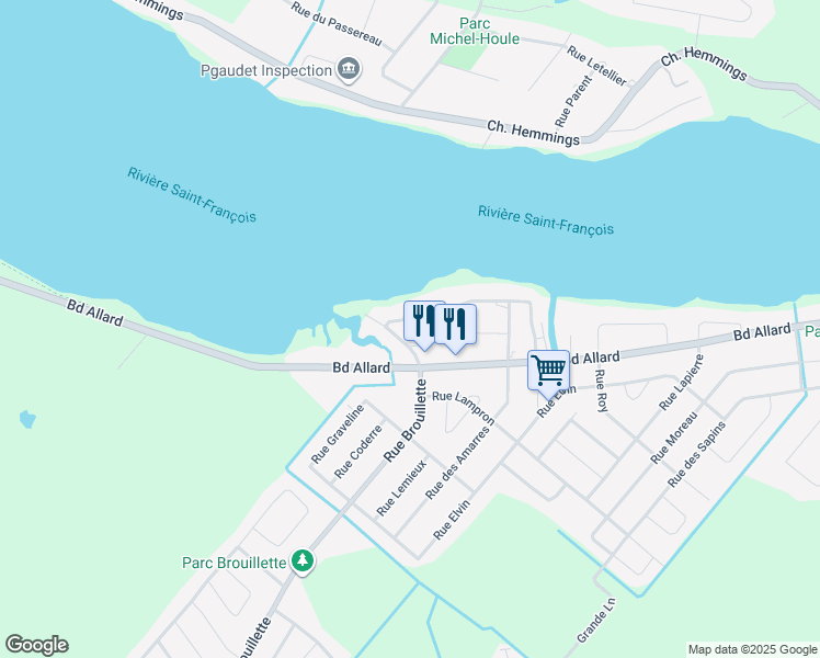 map of restaurants, bars, coffee shops, grocery stores, and more near 210 Rue des Voiliers in Drummondville