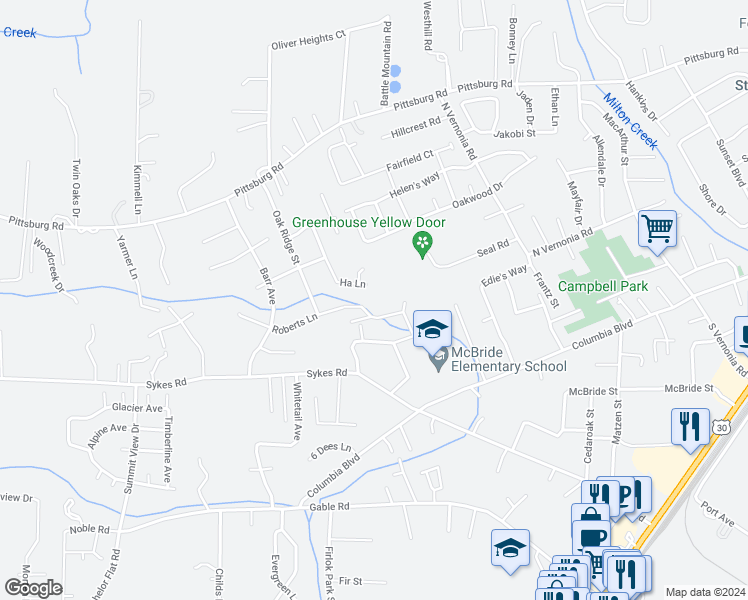 map of restaurants, bars, coffee shops, grocery stores, and more near 35192 Ha Lane in Saint Helens