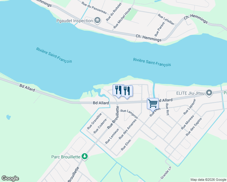 map of restaurants, bars, coffee shops, grocery stores, and more near 210 Rue des Voiliers in Drummondville