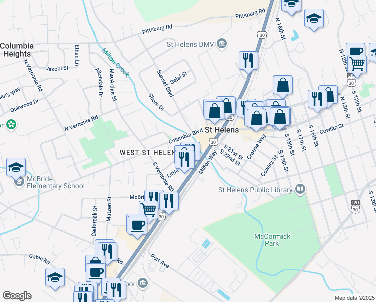 map of restaurants, bars, coffee shops, grocery stores, and more near 2369 Columbia Boulevard in St. Helens
