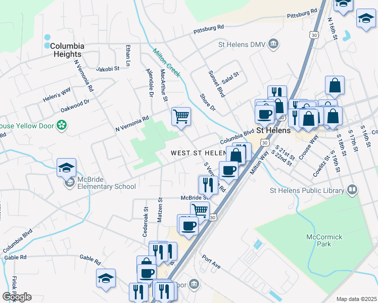 map of restaurants, bars, coffee shops, grocery stores, and more near 130 Ogan Lane in St. Helens