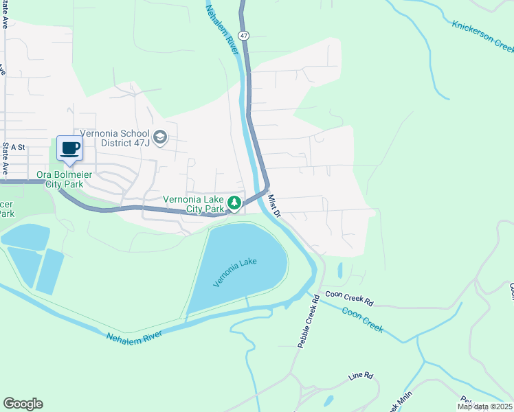 map of restaurants, bars, coffee shops, grocery stores, and more near 1040 East Bridge Street in Vernonia