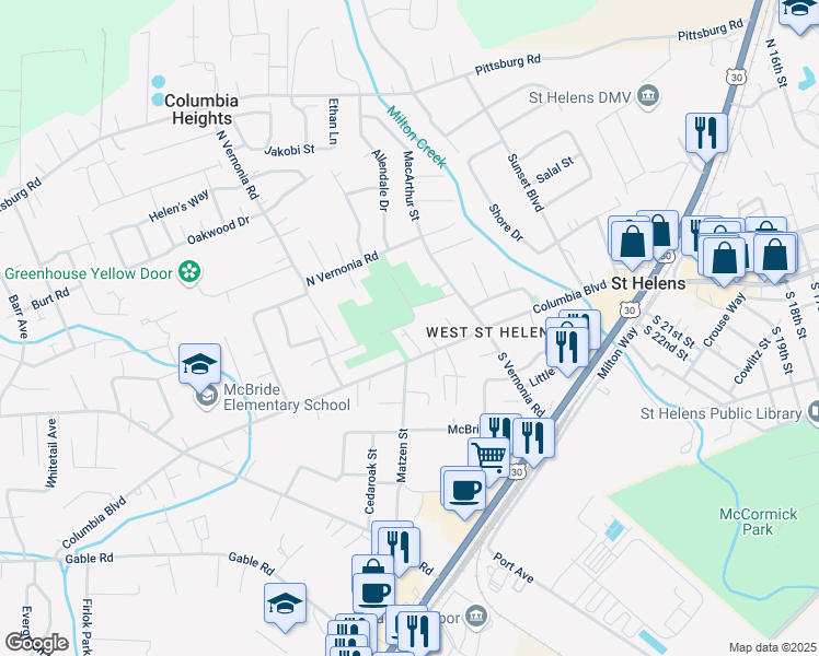map of restaurants, bars, coffee shops, grocery stores, and more near 112 Mikayla Lane in St. Helens