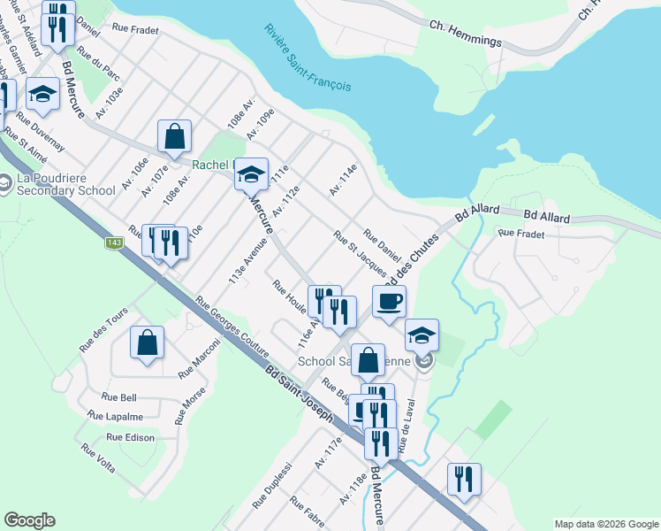 map of restaurants, bars, coffee shops, grocery stores, and more near 767 Avenue 115e in Drummondville