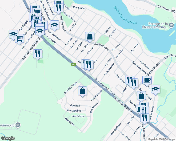 map of restaurants, bars, coffee shops, grocery stores, and more near 1616 Rue Saint Aimé in Drummondville