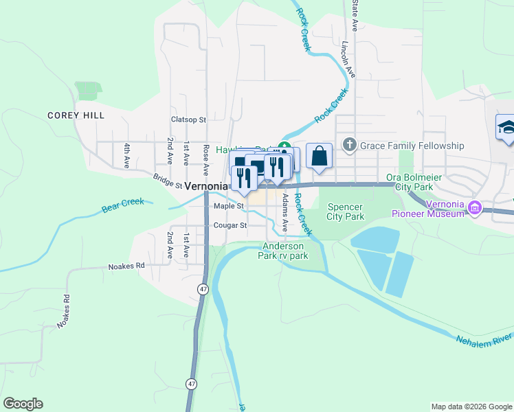 map of restaurants, bars, coffee shops, grocery stores, and more near 850 Maple Street in Vernonia