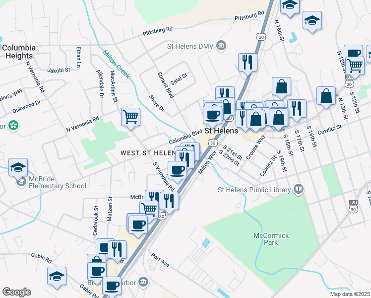 map of restaurants, bars, coffee shops, grocery stores, and more near 2369 Columbia Boulevard in St. Helens