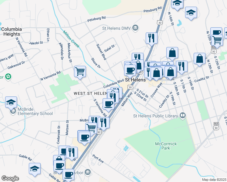 map of restaurants, bars, coffee shops, grocery stores, and more near 2369 Columbia Boulevard in Saint Helens